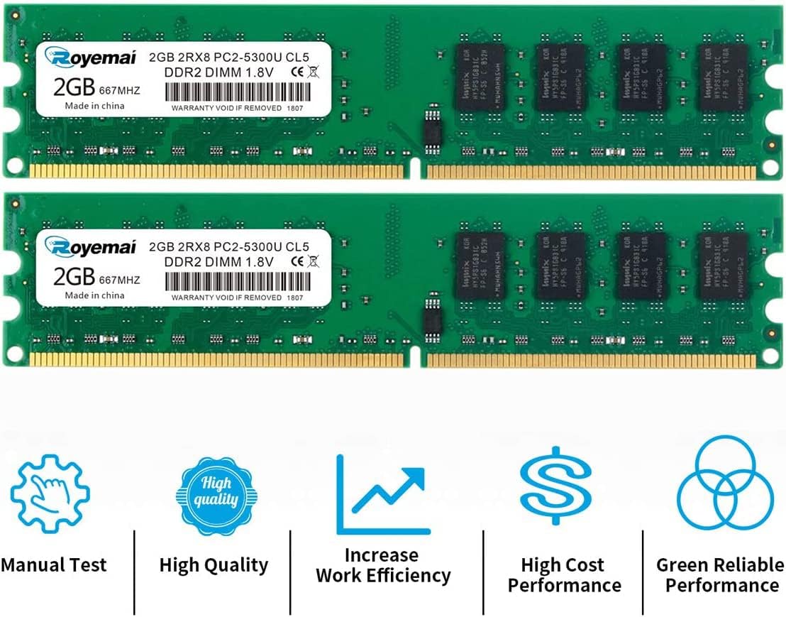 4G DDR2 667MHhz 2x2G PC2 5300 Udimm Desktop Memory Ram, DDR2-667U PC2-5300 2GB 1.8V CL5 240-pin 2Rx8 Non-ECC Unbuffered Desktop Computer RAM Memory Modules