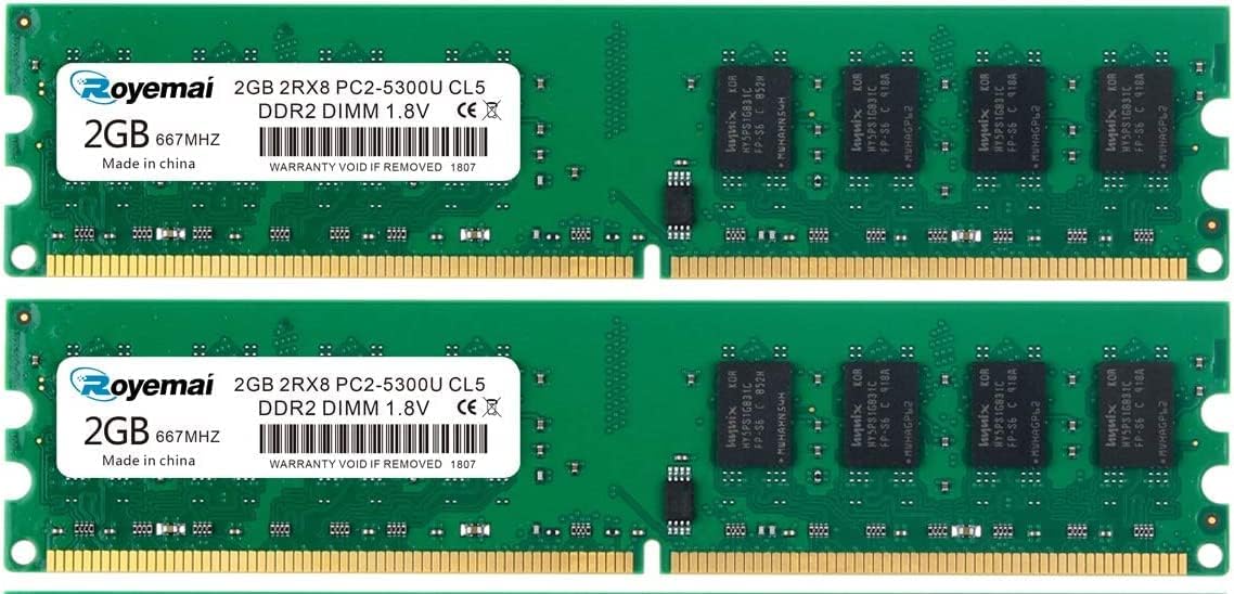 4G DDR2 667MHhz 2x2G PC2 5300 Udimm Desktop Memory Ram, DDR2-667U PC2-5300 2GB 1.8V CL5 240-pin 2Rx8 Non-ECC Unbuffered Desktop Computer RAM Memory Modules