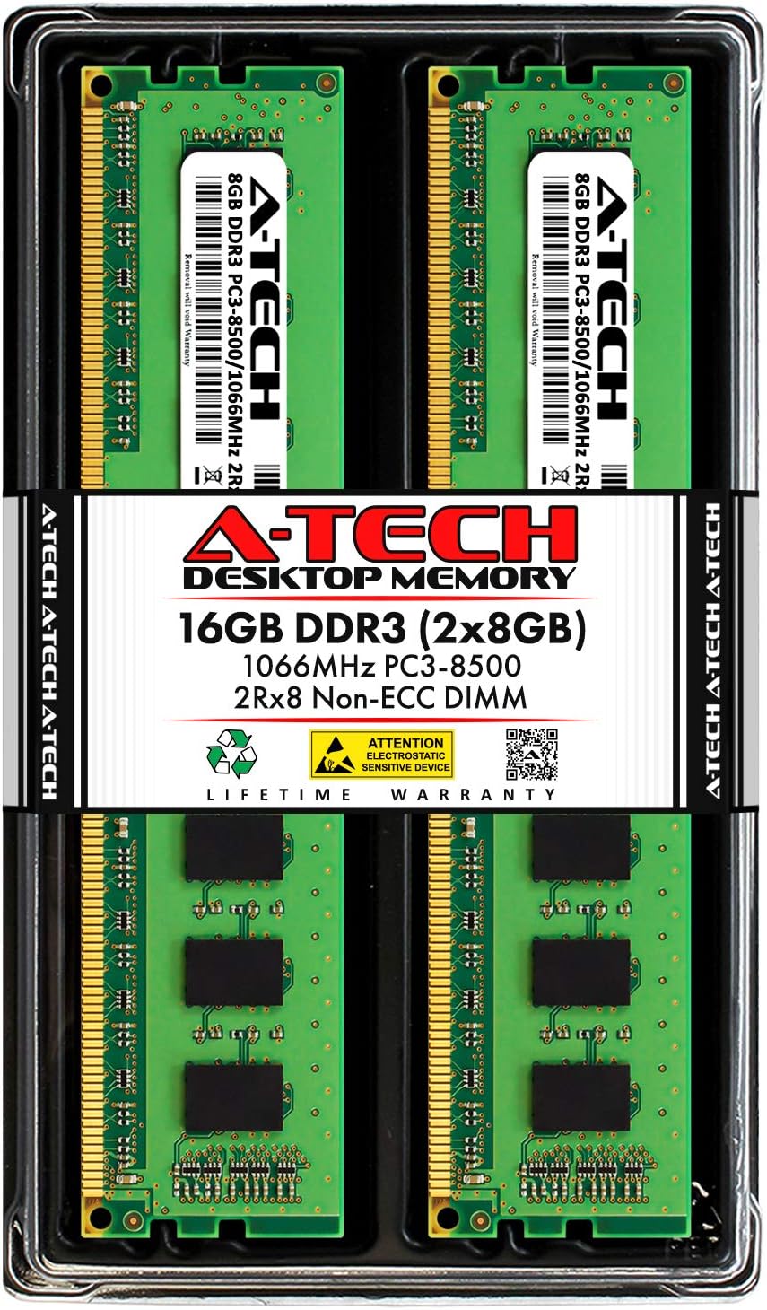 A-Tech 16GB DDR3 1066MHz Desktop Memory Kit (2 x 8GB) PC3-8500 Non-ECC Unbuffered DIMM 240-Pin 2Rx8 1.5V Dual Rank Computer RAM Upgrade Sticks