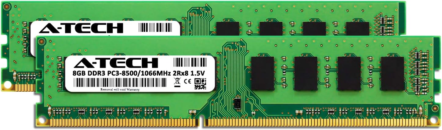 A-Tech 16GB DDR3 1066MHz Desktop Memory Kit (2 x 8GB) PC3-8500 Non-ECC Unbuffered DIMM 240-Pin 2Rx8 1.5V Dual Rank Computer RAM Upgrade Sticks